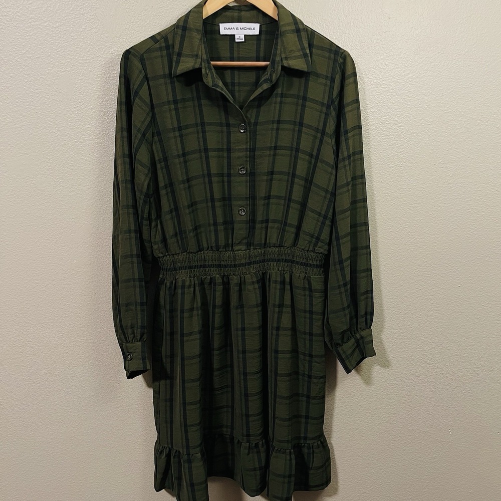 Emma & Michele Dress Buttons Long Sleeve Ruffle Hem Olive Plaid Academia Size M